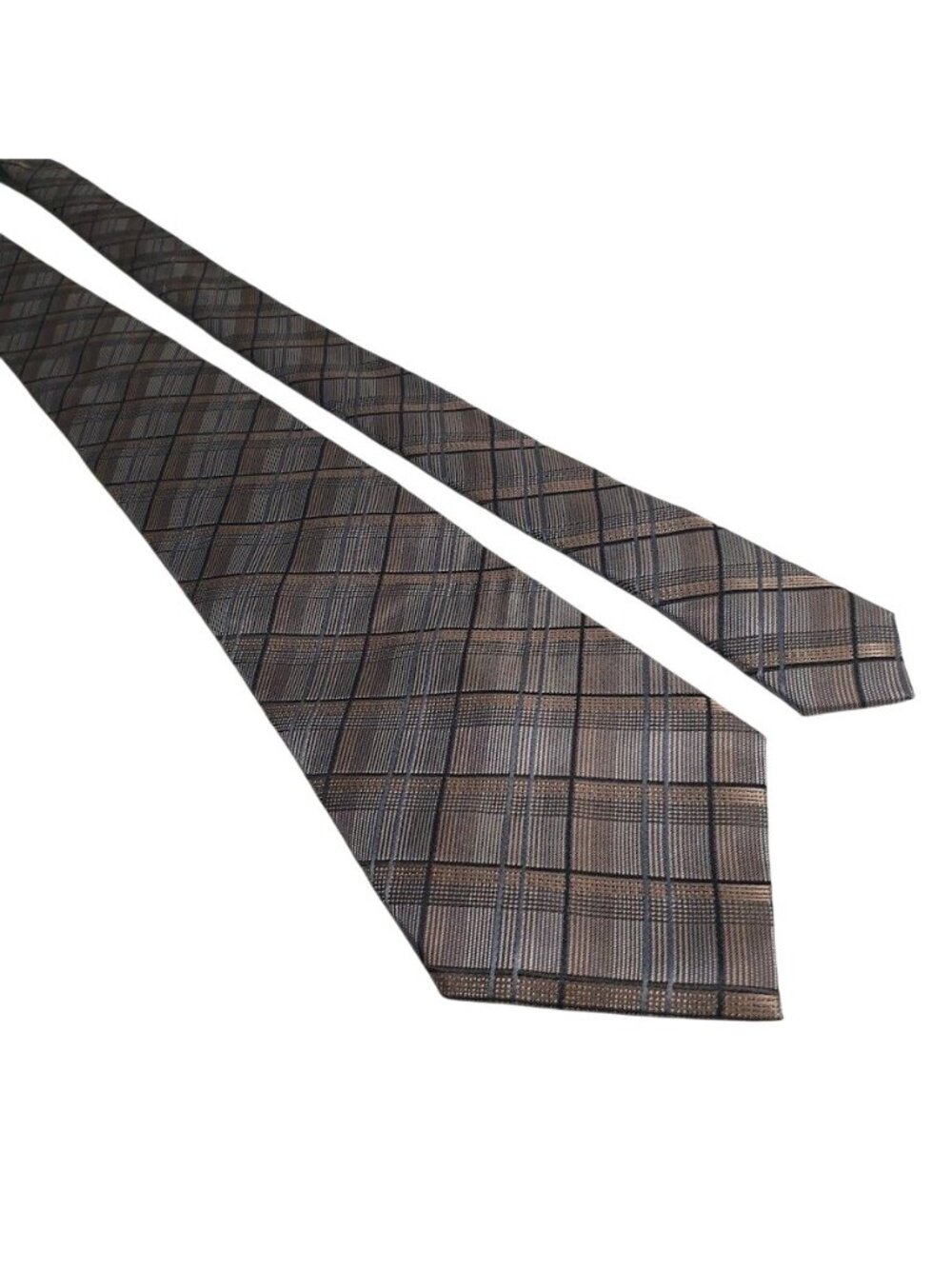 Geoffrey Beene Brown Gray Plaid Woven Silk Tie Business Office Stain Resistant